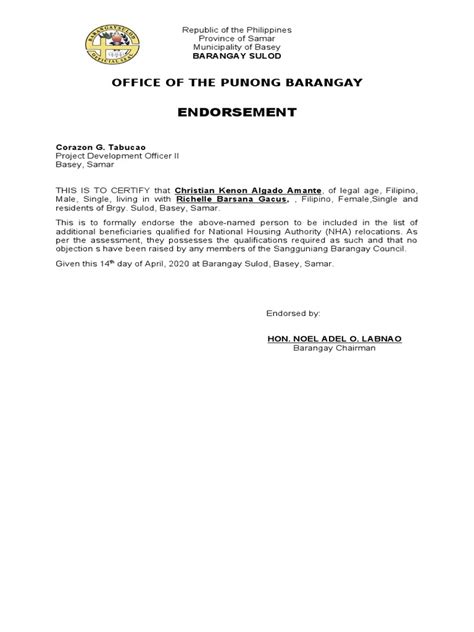 endorsement letter in tagalog|Endorsement: Office of The Punong Barangay .